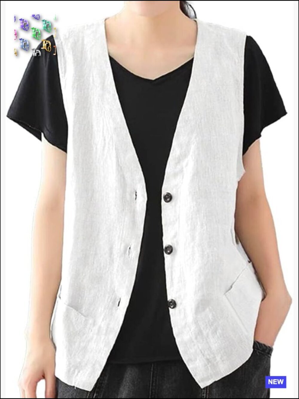 Cotton Linen Vest Casual Sleeveless Blazer Button Front V-Neck Waist Design